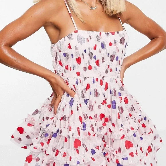 ASOS Multi Color Glitter Heart “Lace & Beads” Tulle Bodysuit Mini Dress US 4 - Picture 4 of 7